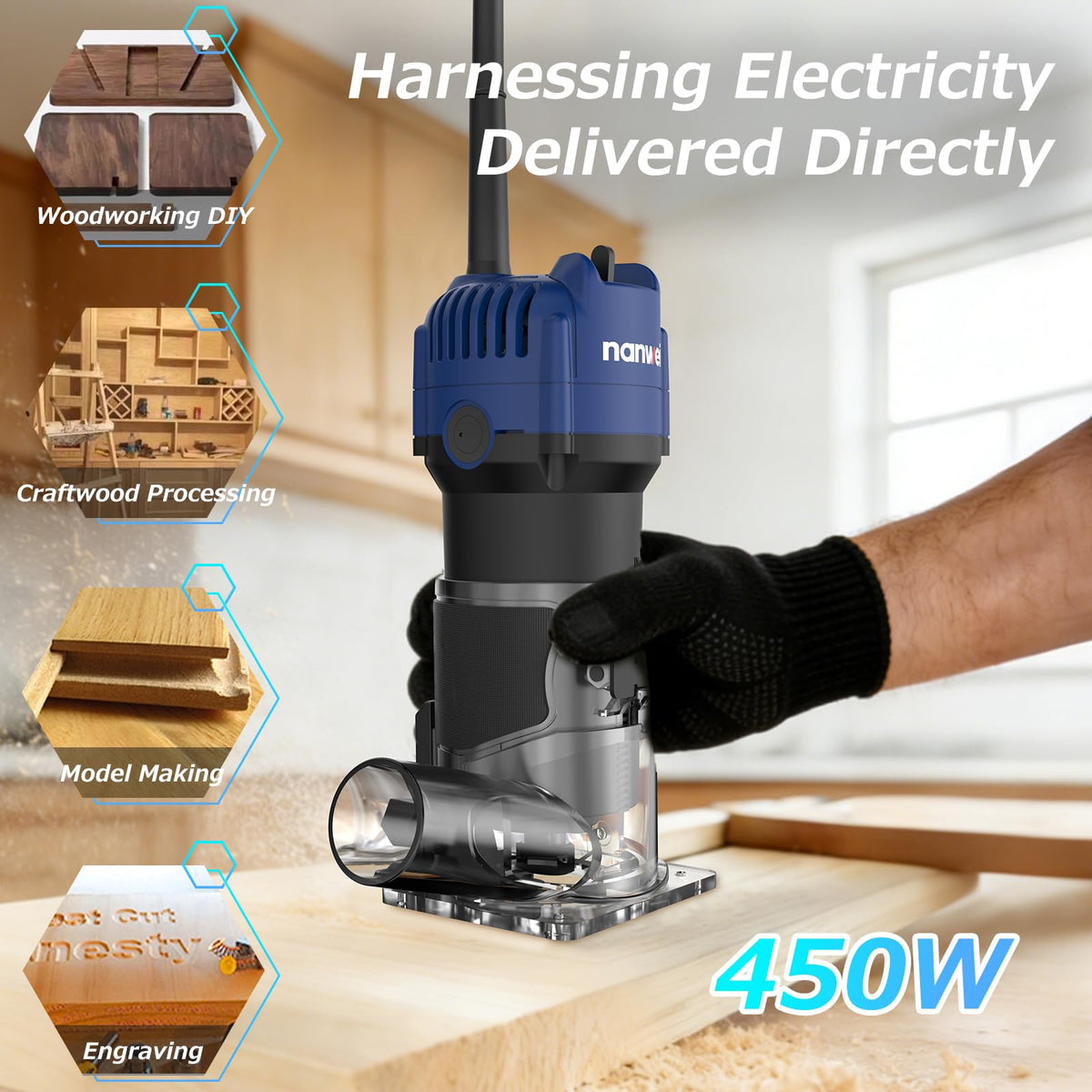 NANWEI 450W Router Tool for Woodworking, Hand Wood Router Tool, 32000rpm Compact Edge Trimmer（No Bits）