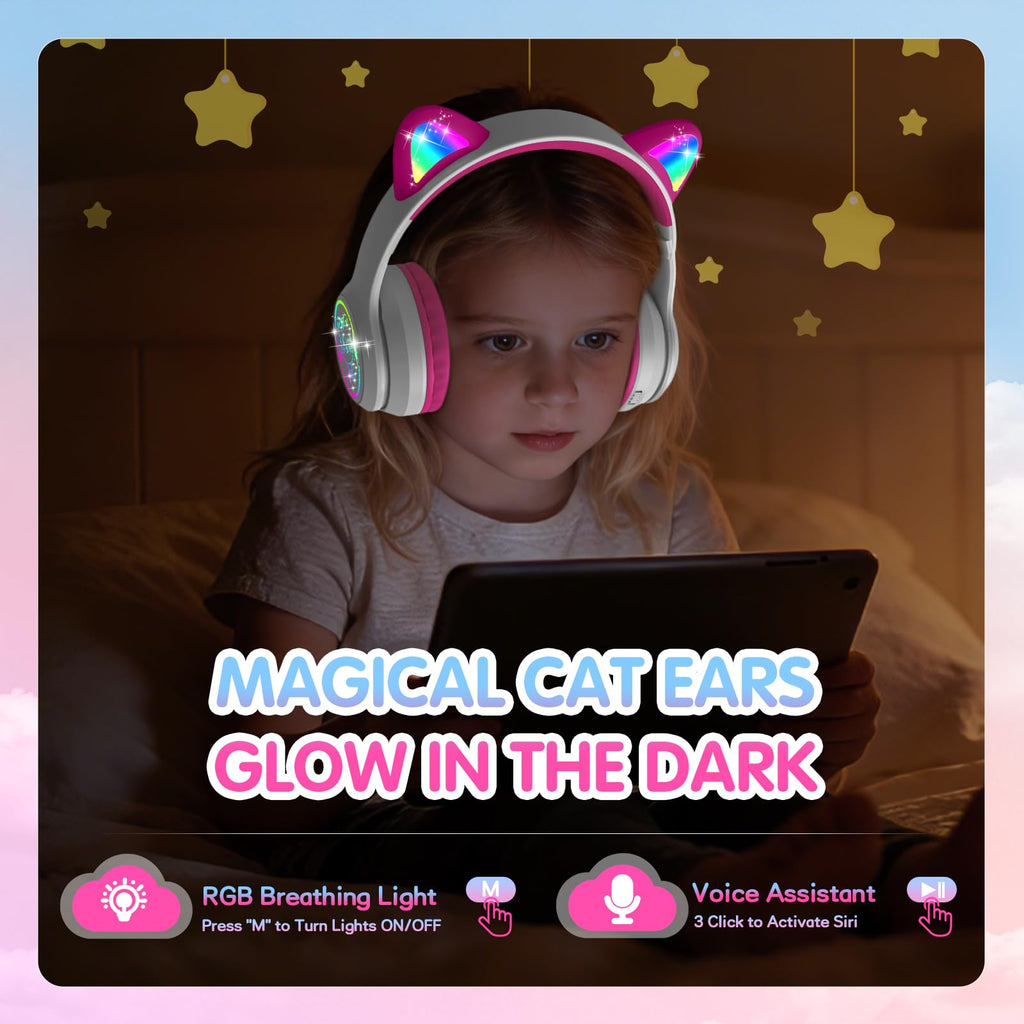 IFECCO Kids Bluetooth Headphones with Case,Cute LED Light Up Cat Ears