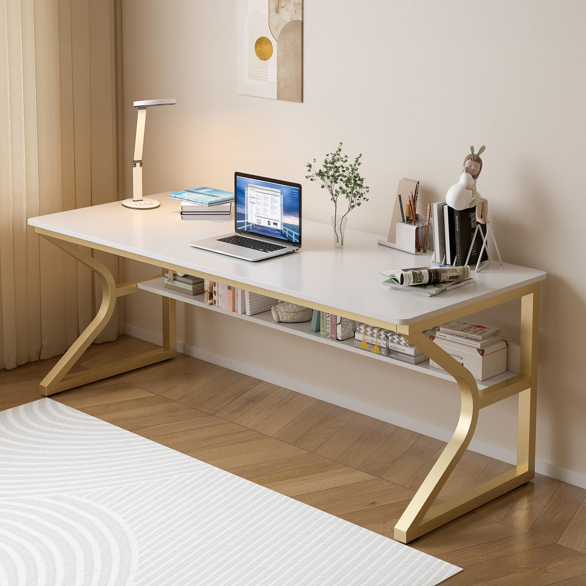 OSCHF 63-Inch Two-Student Desk with Storage Shelf