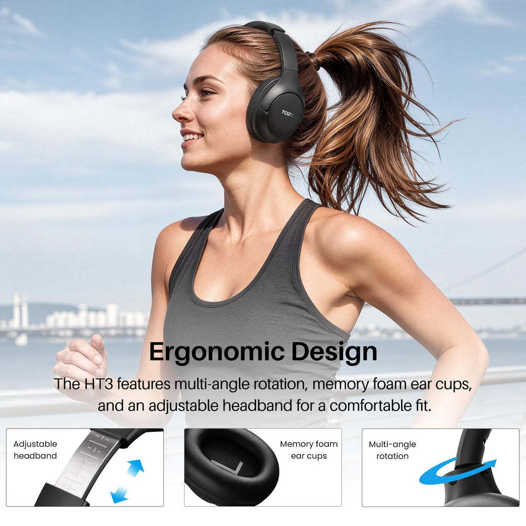 TOZO HT3 Hybrid Noise Cancelling Wireless Headphones, 90H Over Ear Headset