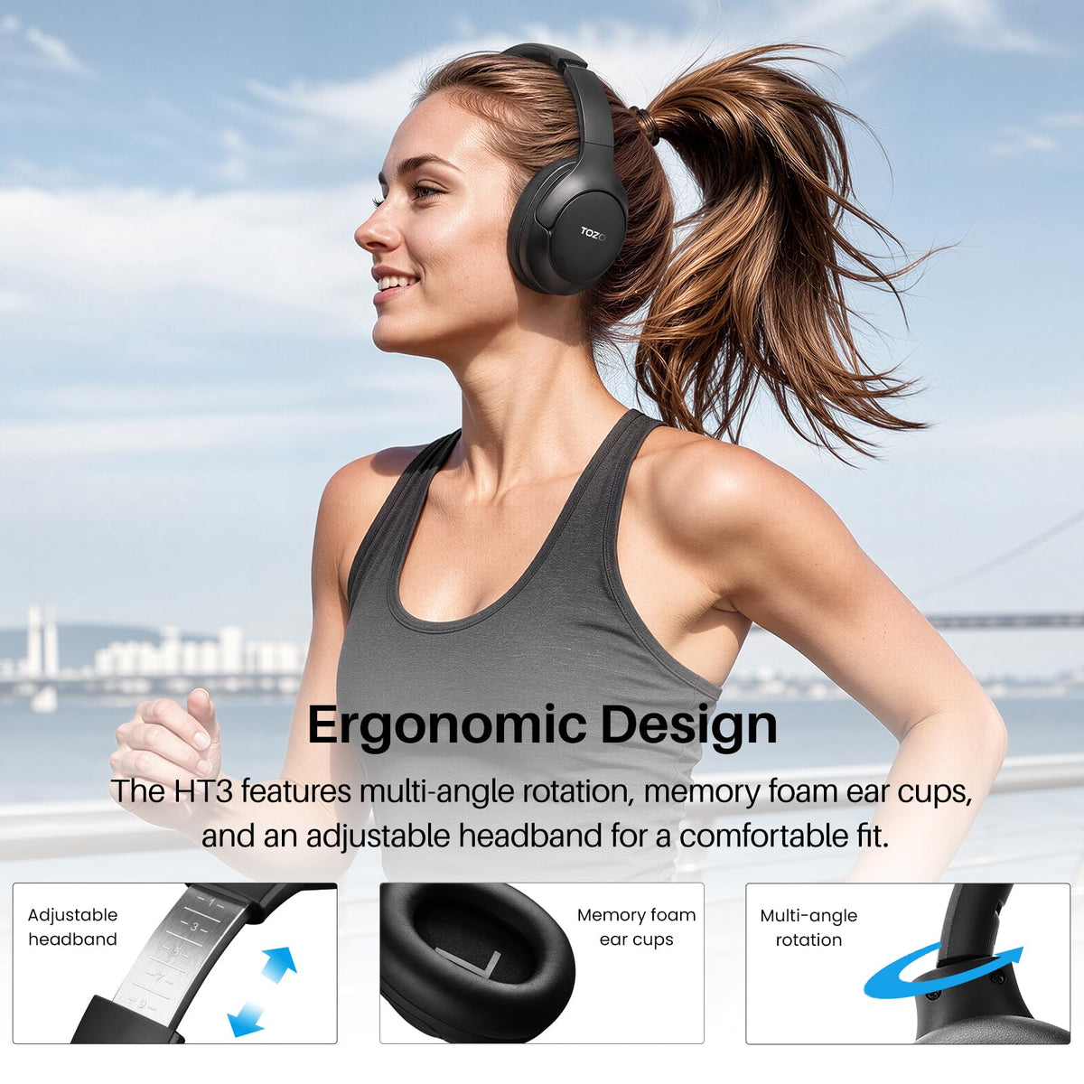 TOZO HT3 Hybrid Noise Cancelling Wireless Headphones, 90H Over Ear Headset