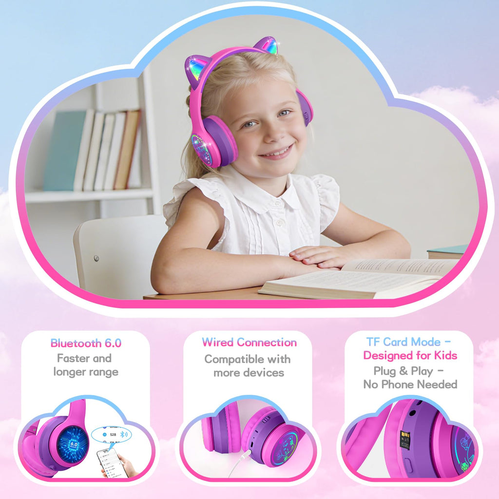IFECCO Kids Bluetooth Headphones with Case,Cute LED Light Up Cat Ears
