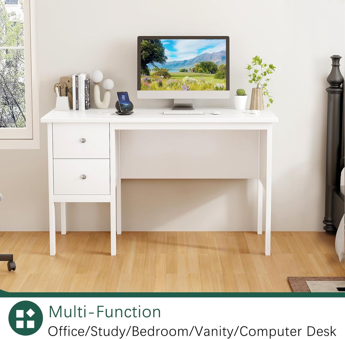 BHG: 43.3" Modern Student Study Desk with Drawers (White)