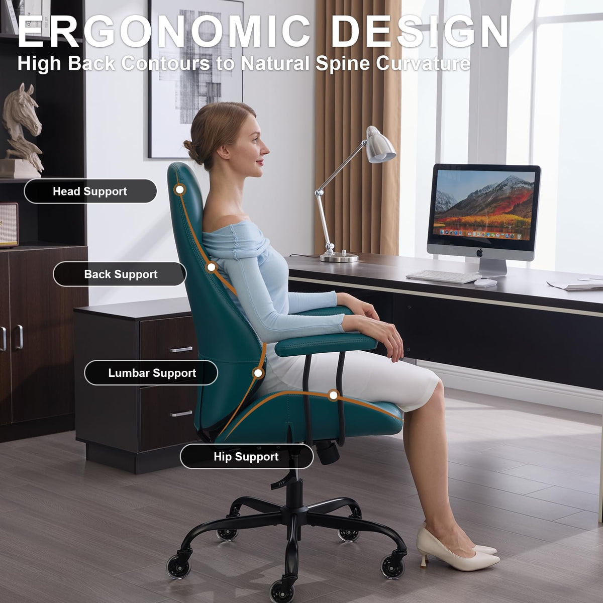 E-Motie Leather Office Chair, Mid Century Modern Desk Chair, Blue