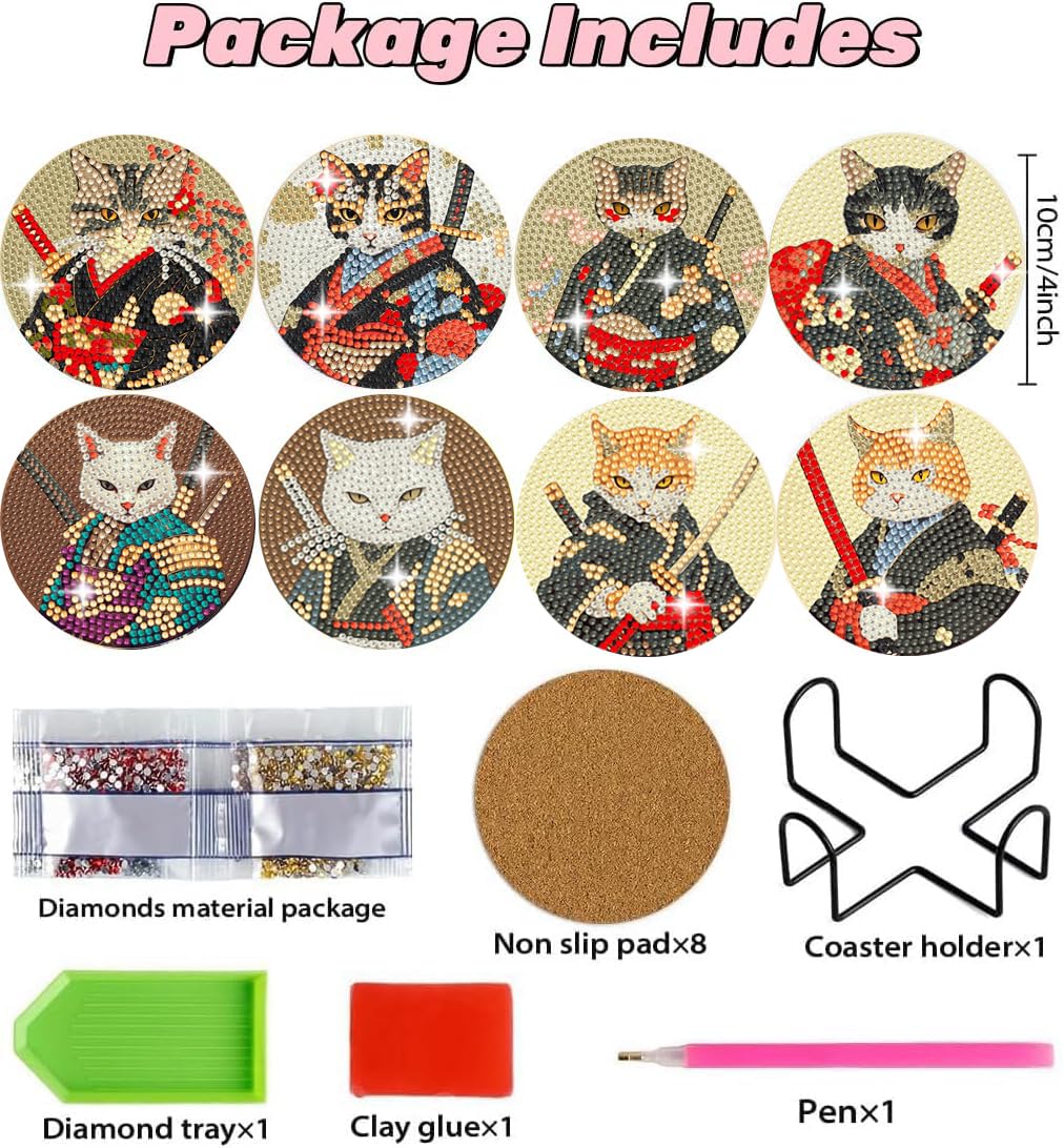 Puraikcmi 8PCs Diamond Paintings Coasters Kits Set, Funny Cat Diamond Art Coasters with Holder, DIY Crafts Diamond Art Kits Adult Craft Diamond Dots Gift