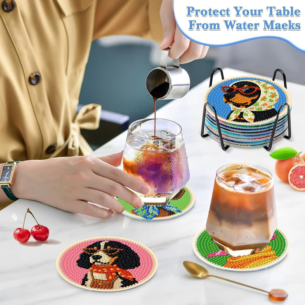 Puraikcmi 8PCs Diamond Paintings Coasters Kits Set, Funny Cat Diamond Art Coasters with Holder, DIY Crafts Diamond Art Kits Adult Craft Diamond Dots Gift