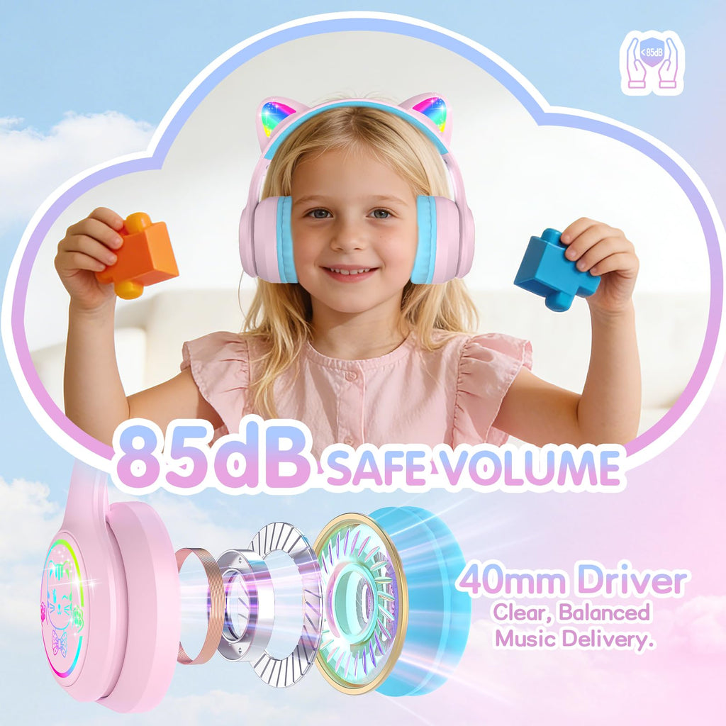 IFECCO Kids Bluetooth Headphones with Case,Cute LED Light Up Cat Ears
