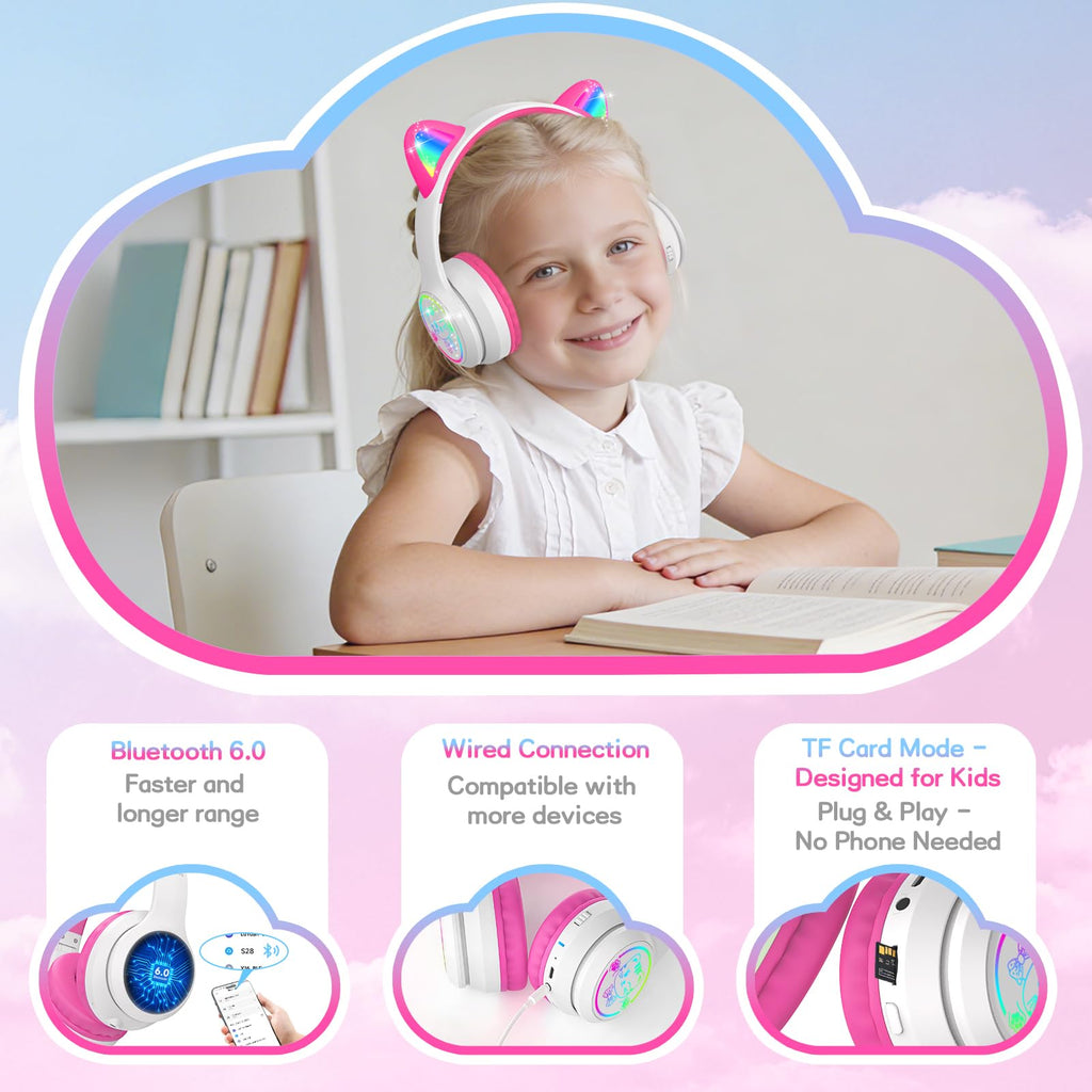 IFECCO Kids Bluetooth Headphones with Case,Cute LED Light Up Cat Ears