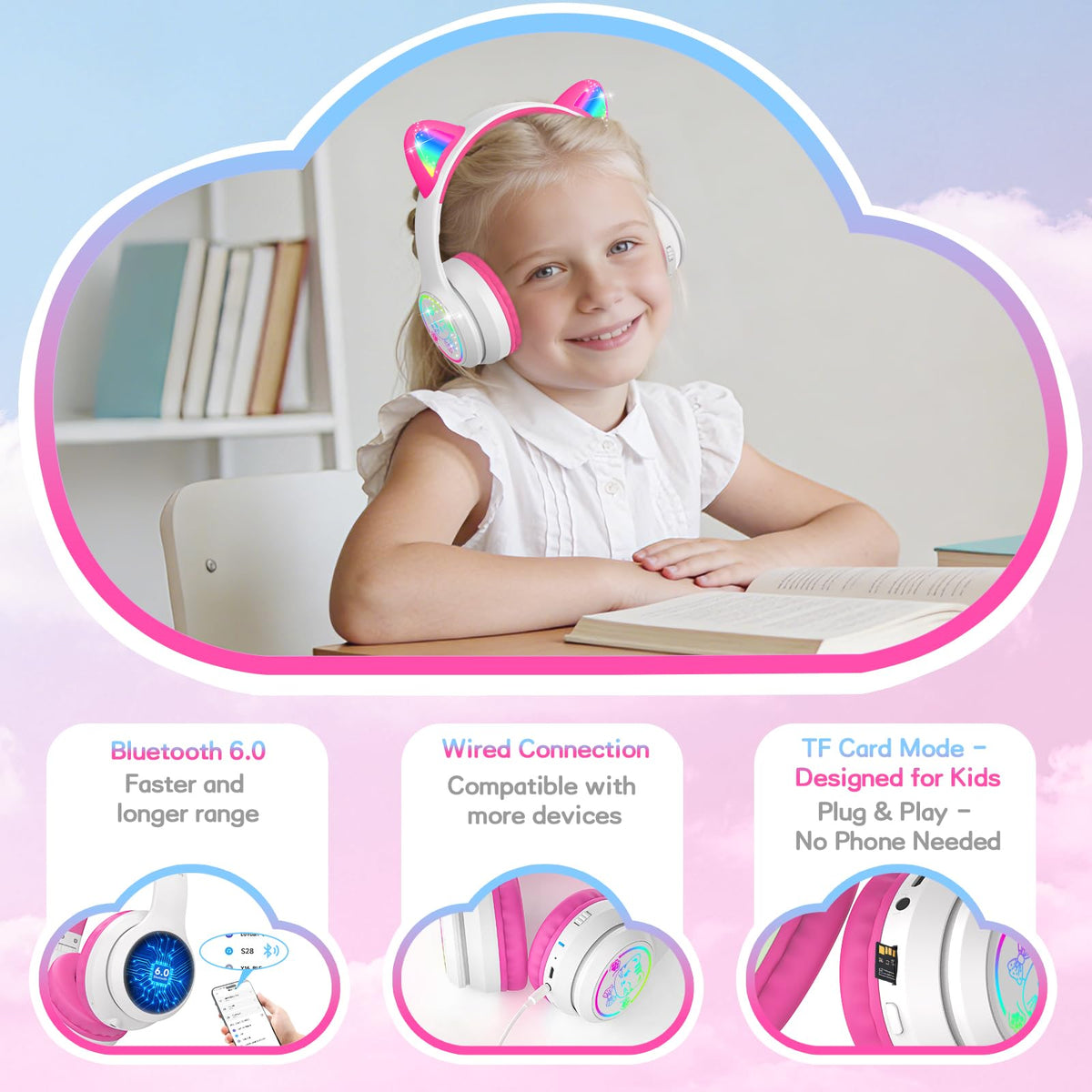 IFECCO Kids Bluetooth Headphones with Case,Cute LED Light Up Cat Ears
