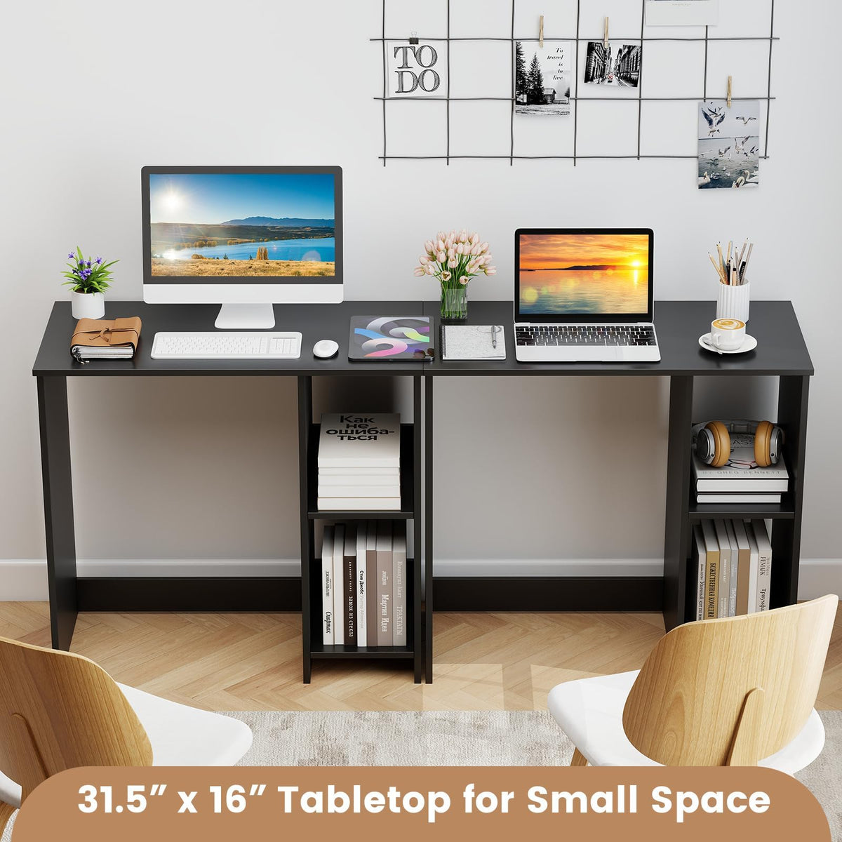 LDAILY Small Desk with 2-Tier Shelves, Compact Computer Writing Desk(White)