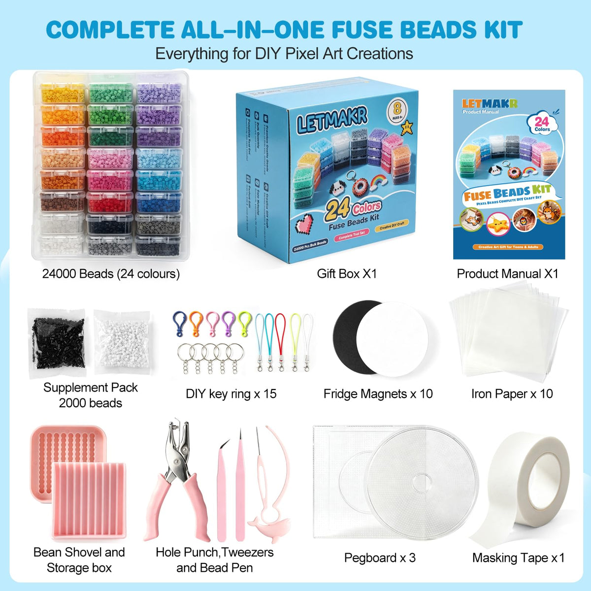 48-Color 2.6mm Fuse Beads Kit, 48,000 Mini Beads for Pixel Art DIY