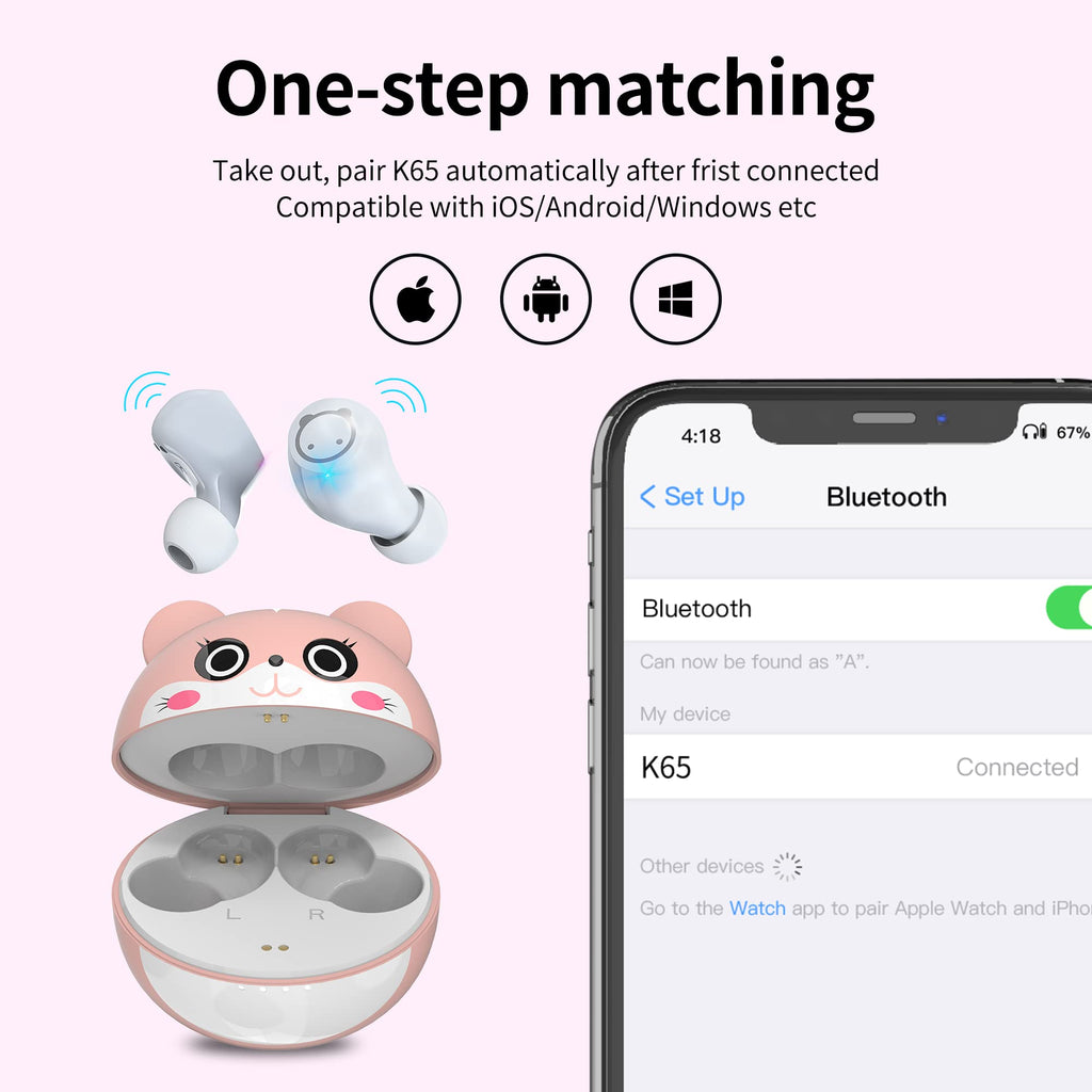 Wireless Earbuds for Kids, Headphones with Cute Panda Charging Case with Mic, Noise Cancelling,Typ-C, 3D Stereo Waterproof Bluetooth Buds for Sport & Outwork,3 x Ear caps(S,M,L)