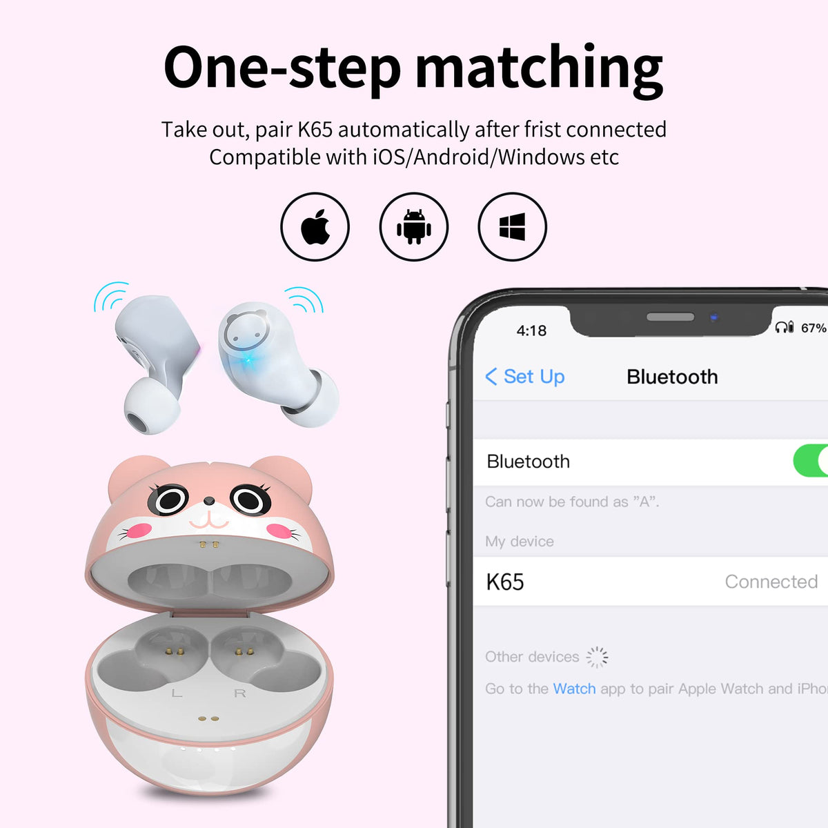 Wireless Earbuds for Kids, Headphones with Cute Panda Charging Case with Mic, Noise Cancelling,Typ-C, 3D Stereo Waterproof Bluetooth Buds for Sport & Outwork,3 x Ear caps(S,M,L)