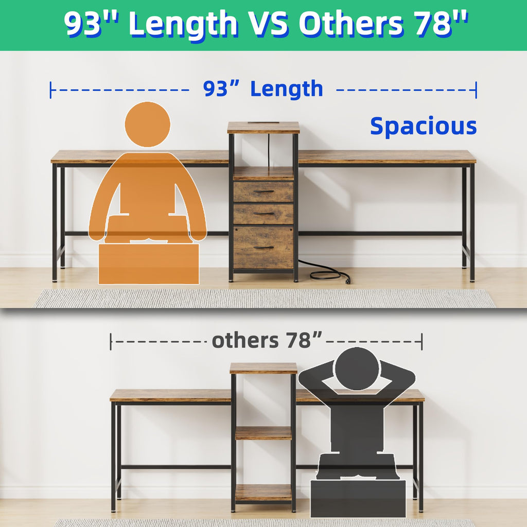 GYIIYUO 93'' Two Person Desk with Charging Station, Long Desk with 3 Drawer