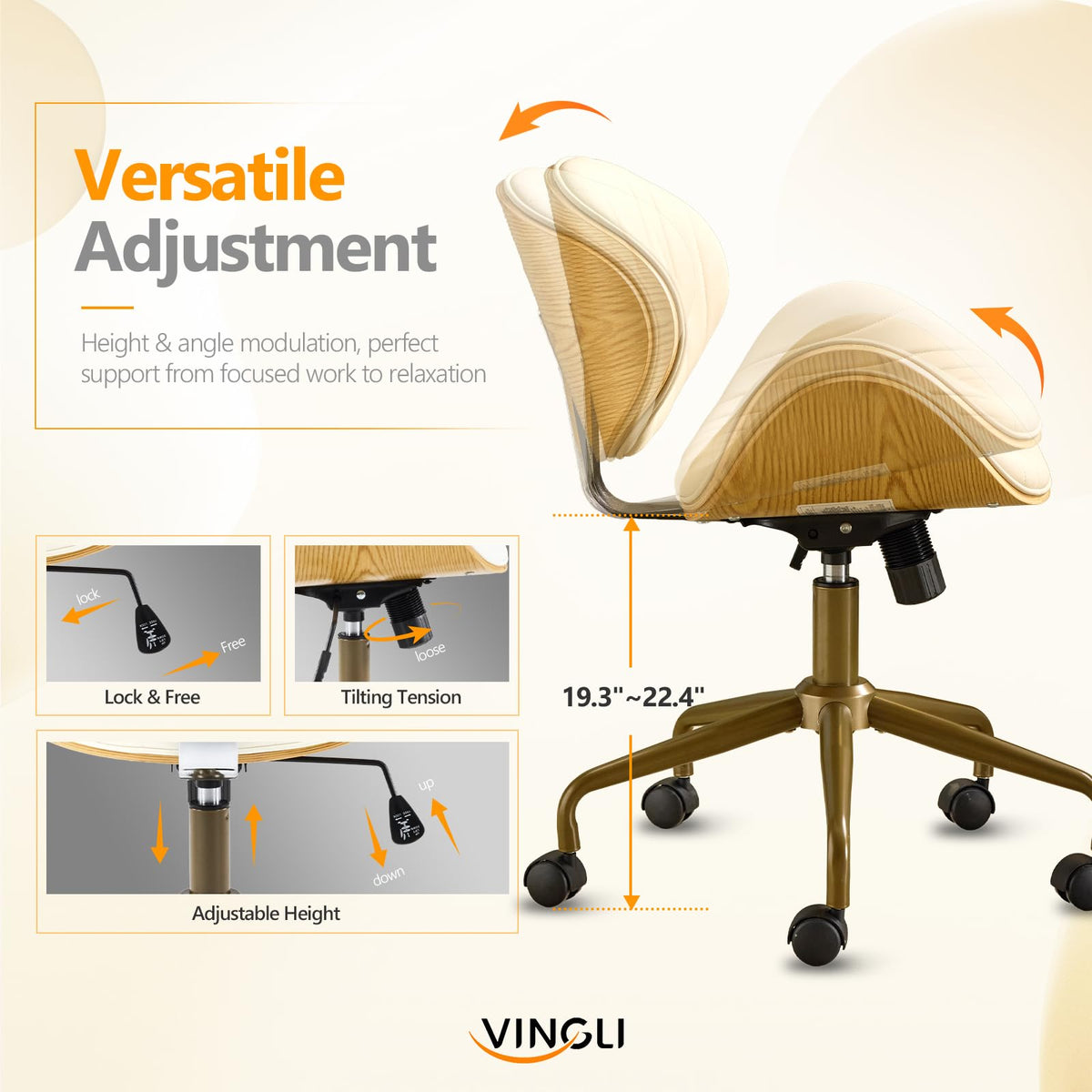 VINGLI Wide Comfotable Swivel Home Office Chair with Wood-Grain Curved Shell,Ergomomic Mid-Back Padded Armless Modern Desk Chair with Wheels,Height Adjustable for Computer,Task,Work,Microfiber,Rustic