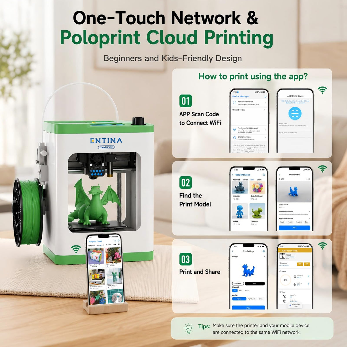 Entina Tina2C 3D Printer for Beginners, Fully Assembled Starter Mini 3D Printer, Start in 8 Mins, App & WiFi Control, Auto Leveling, 3500+ Model Library, 25+ Creative DIY Modules for STEM, Home