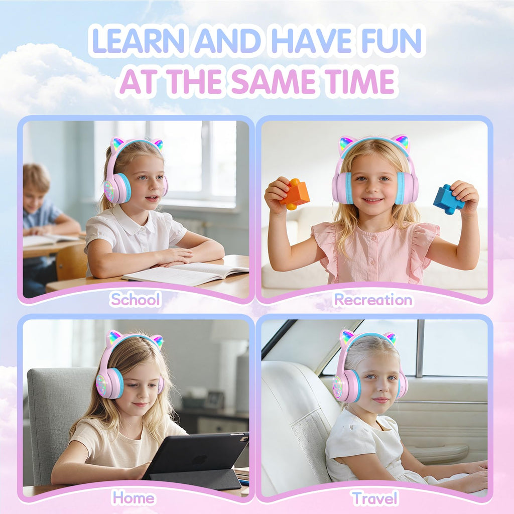 IFECCO Kids Bluetooth Headphones with Case,Cute LED Light Up Cat Ears