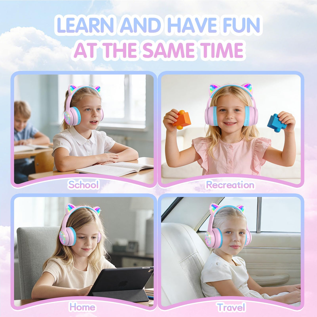 IFECCO Kids Bluetooth Headphones with Case,Cute LED Light Up Cat Ears