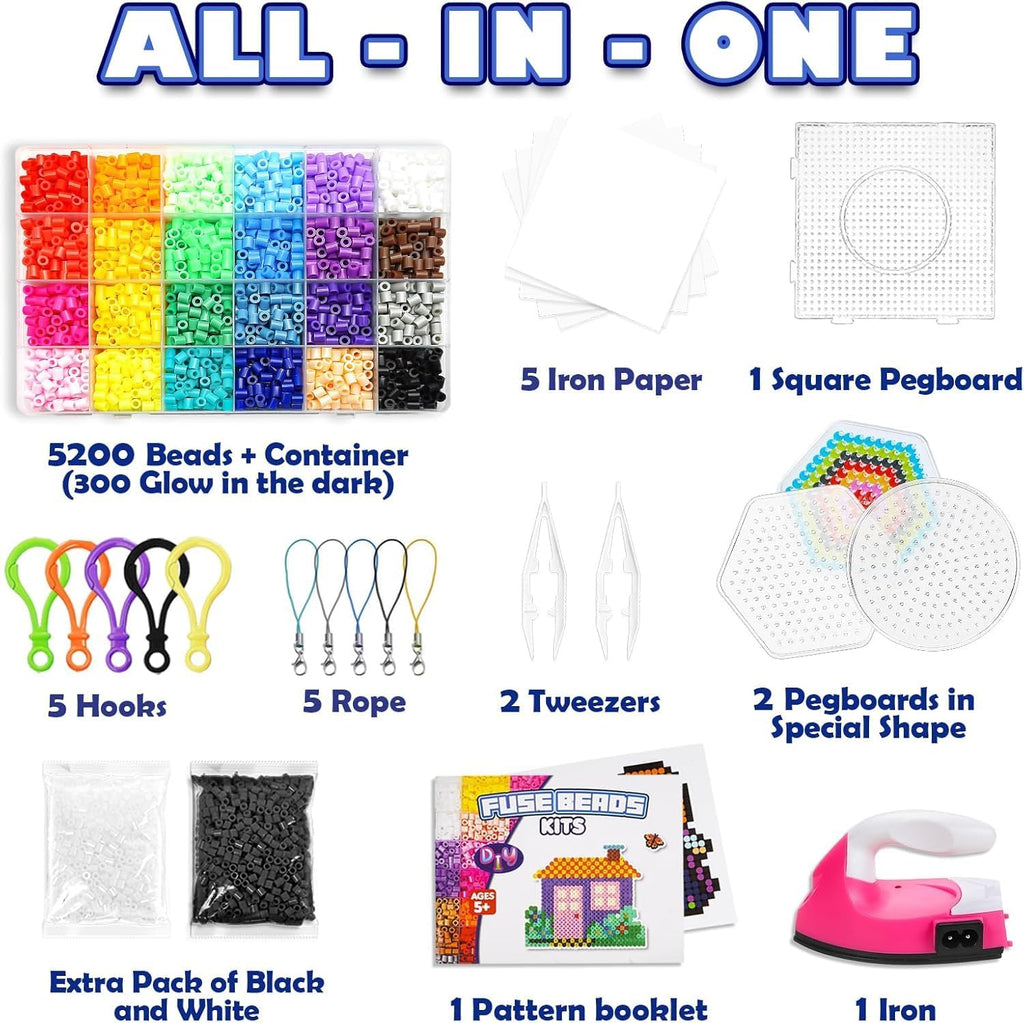 FUNZBO 5200 5mm Fuse Beads Kit Iron Set - 24 Colors | 66 Patterns, Toys, Kids Crafts for Girls Ages 8-12, Arts and Crafts for Kids Ages 6-8, Gifts for Girls Boys Kids Age 5 6 7 8 9 10 11 12 Year Old