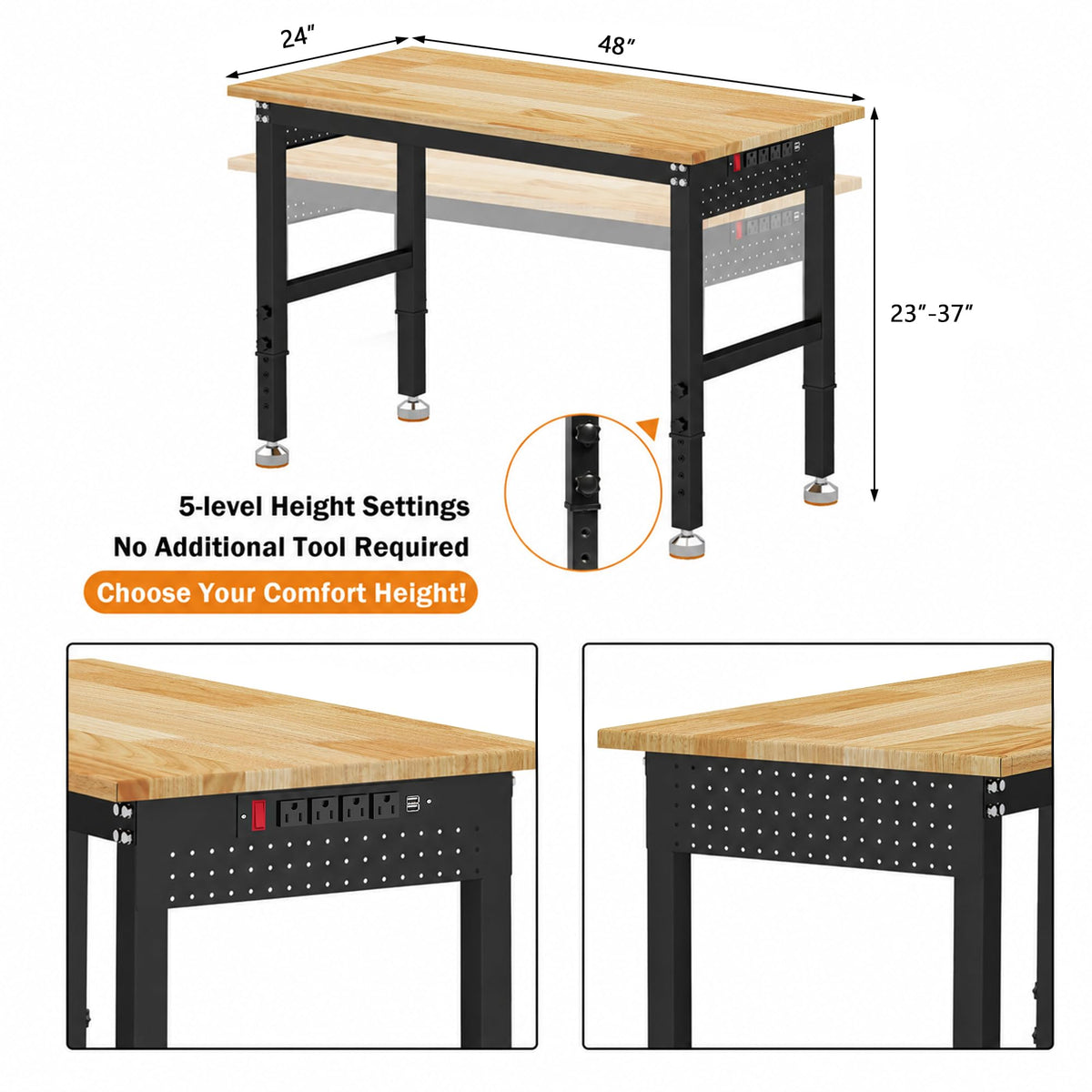 Betterhood 48" Heavy-Duty Adjustable Workbench for Garage, Rubber Wood Shop Table W/Metal Wheels, Hardwood Workstation Weight Capacity Over 2000 Lbs with Wheels