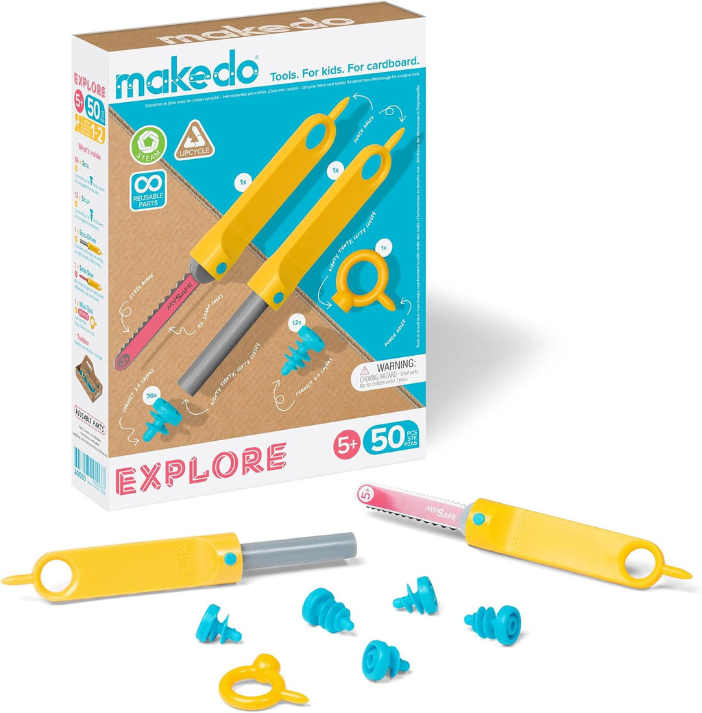 Makedo Explore | Safe Cardboard Construction Tool Kit for Kids, 50 Pieces