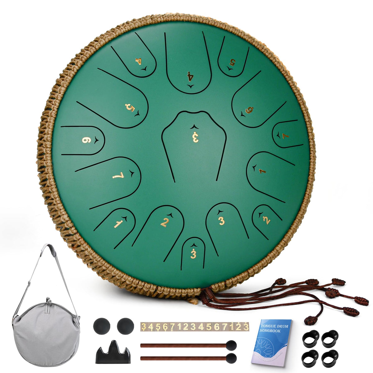 QingShi 14" Steel Tongue Drum — 15-Note C Major Hand Pan with Accessories