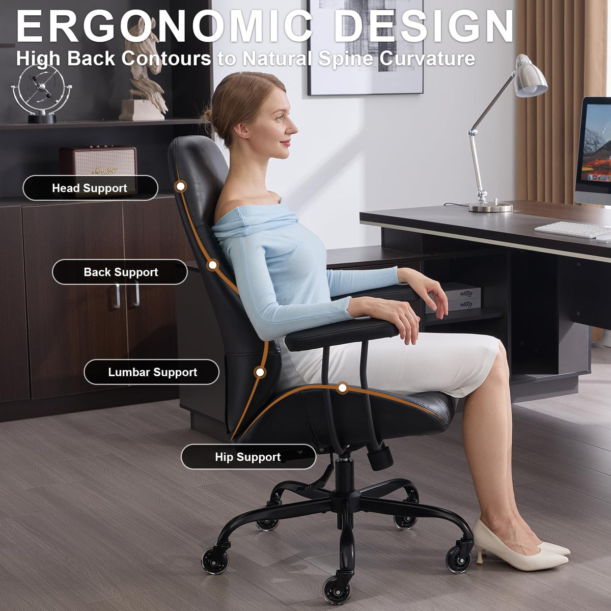 E-Motie Leather Office Chair, Mid Century Modern Desk Chair, Blue