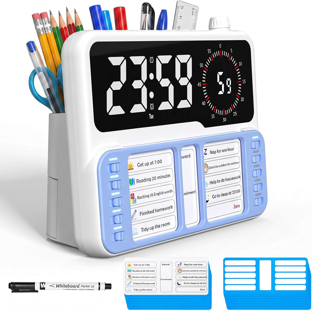 7-in-1 Visual ADHD Timer for Kids with Chore Chart Board, ADHD Tools Schedule for Kids with Autism, Alarm, Countdown, Date, Temperature, Storage, Daily Checklist for Home/School/Classroom/Desk(Blue)