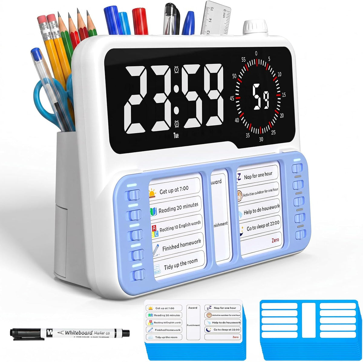 7-in-1 Visual ADHD Timer for Kids with Chore Chart Board, ADHD Tools Schedule for Kids with Autism, Alarm, Countdown, Date, Temperature, Storage, Daily Checklist for Home/School/Classroom/Desk(Blue)