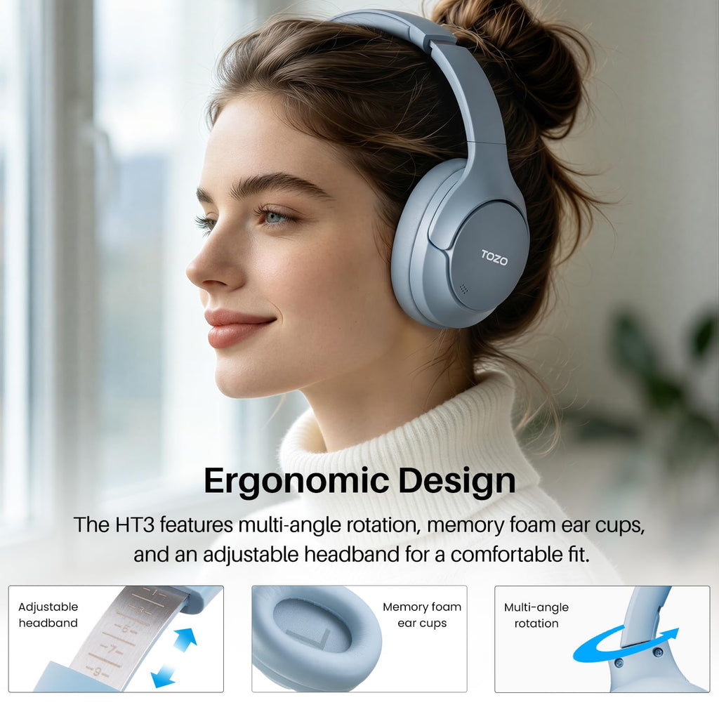 TOZO HT3 Hybrid Noise Cancelling Wireless Headphones, 90H Over Ear Headset