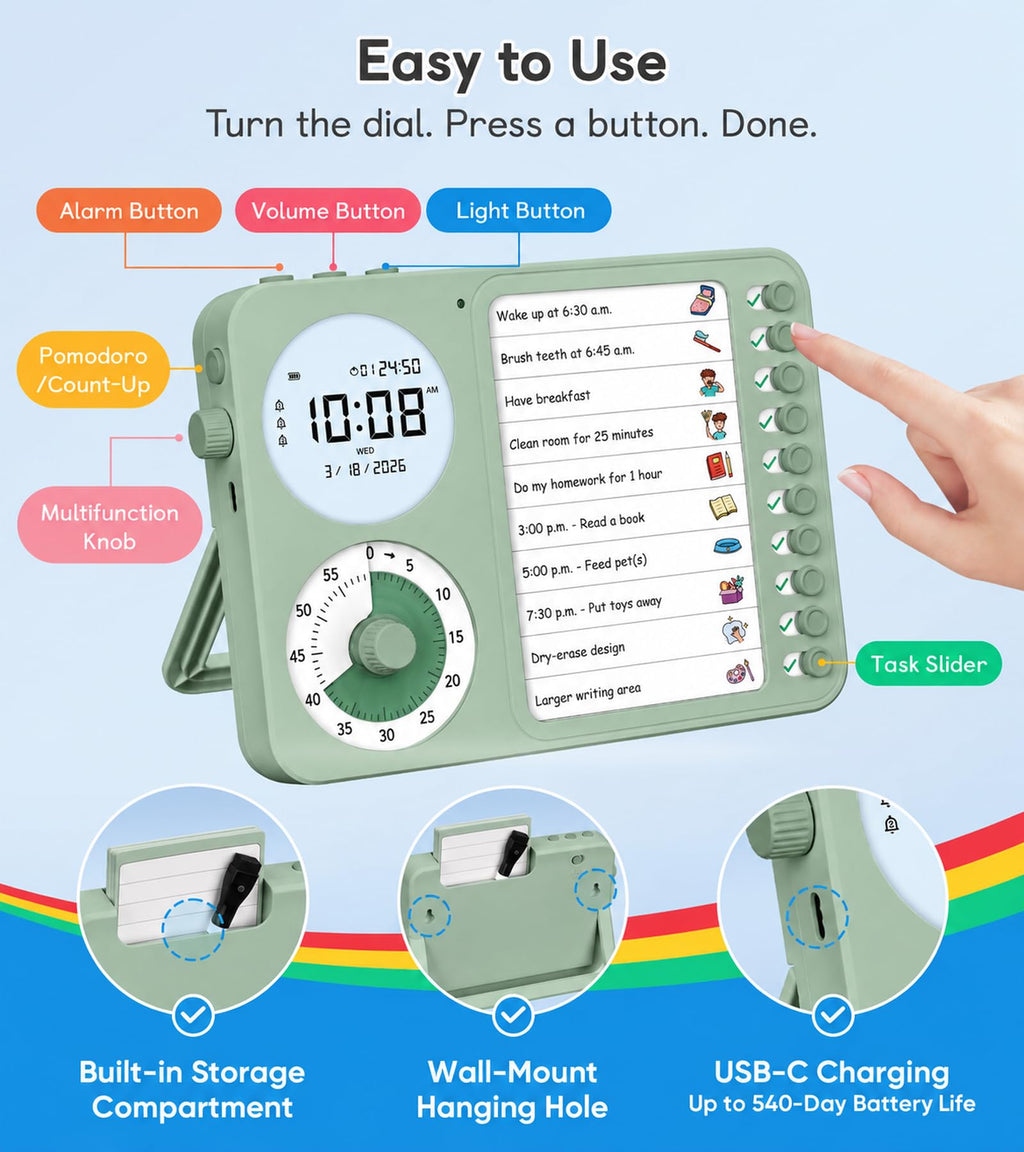 3-in-1 Visual Timer & ADHD Tool for Kids – ADHD Task Timer for Adults with Visual Schedule, Chore Chart & Planning Board for Home, School, Classroom, Work (White)