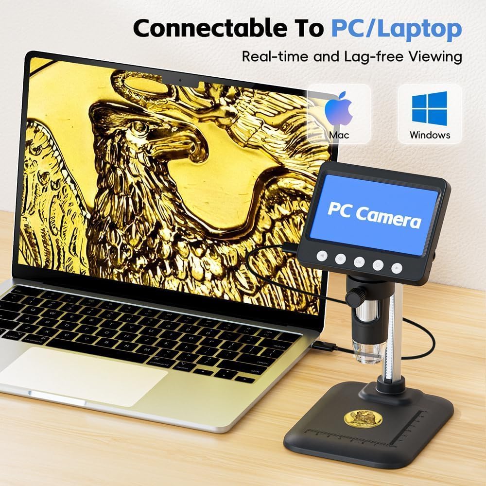 4.3" Digital Microscope for Adults, SKYEAR Coin Microscope 1000X Magnification with 8 Ajustable LED Fill Lights, USB Microscope for Windows/MacOS, Coin Collection Supplies-Black