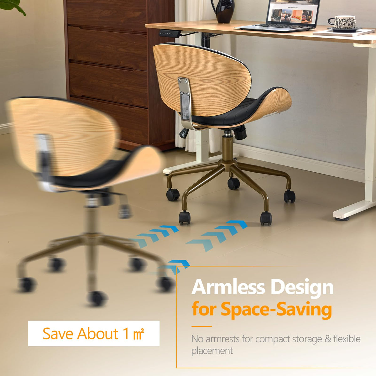 VINGLI Wide Comfotable Swivel Home Office Chair with Wood-Grain Curved Shell,Ergomomic Mid-Back Padded Armless Modern Desk Chair with Wheels,Height Adjustable for Computer,Task,Work,Microfiber,Rustic