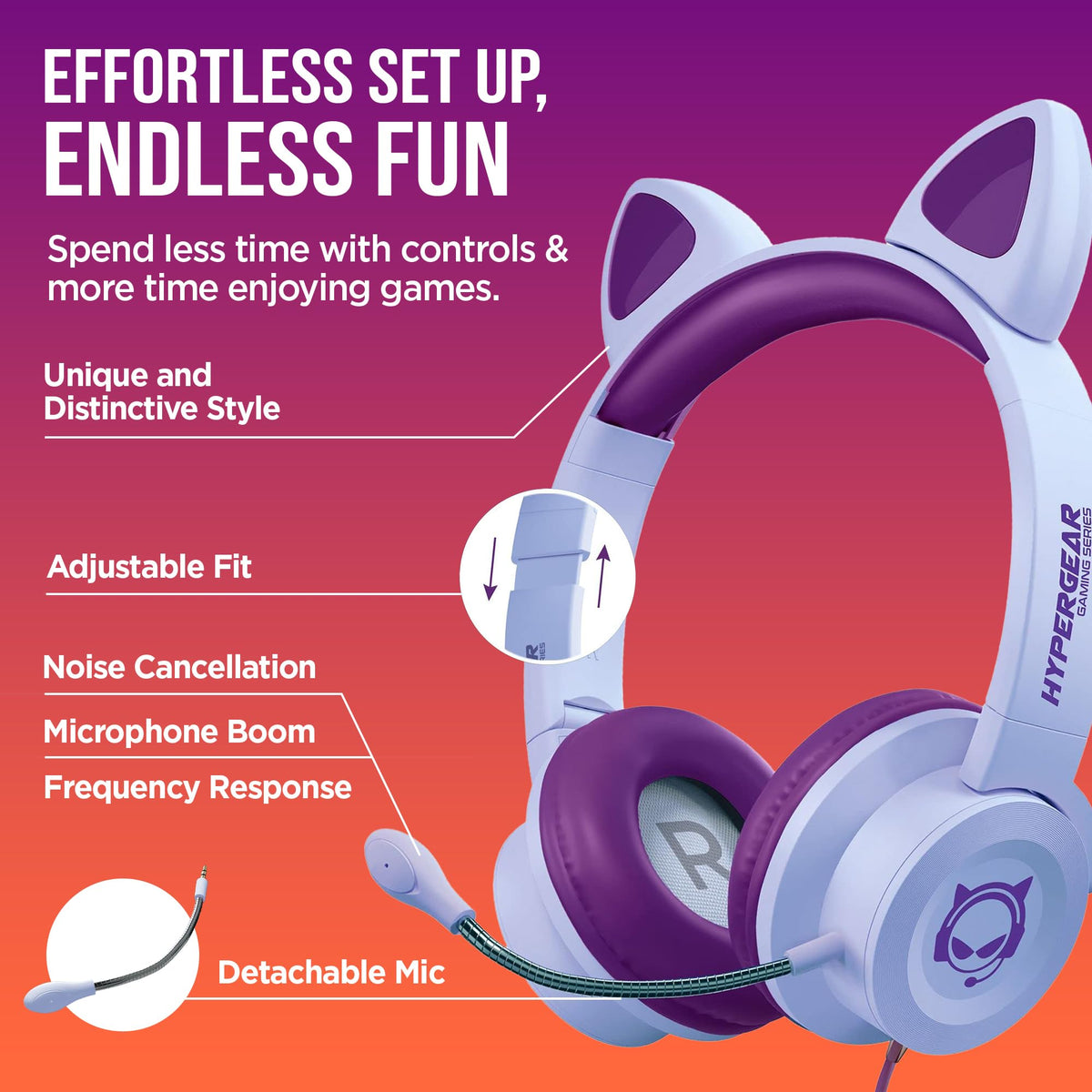HyperGear Kombat Kitty Headphones for Kids - Cute Cat Ear Kids Headphones with Cord, Gaming Headset with Mic for Girls, Ideal for School, Home & Streaming, Pink