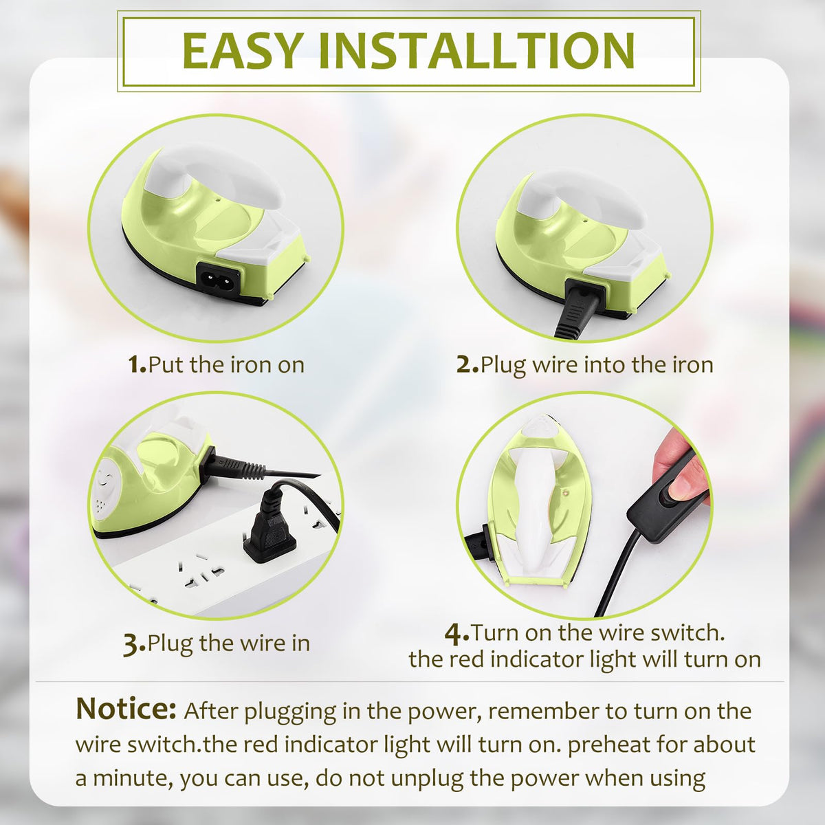 Honoson Mini Iron for Craft Small Iron on Patch Fuse Bead, Mint Green