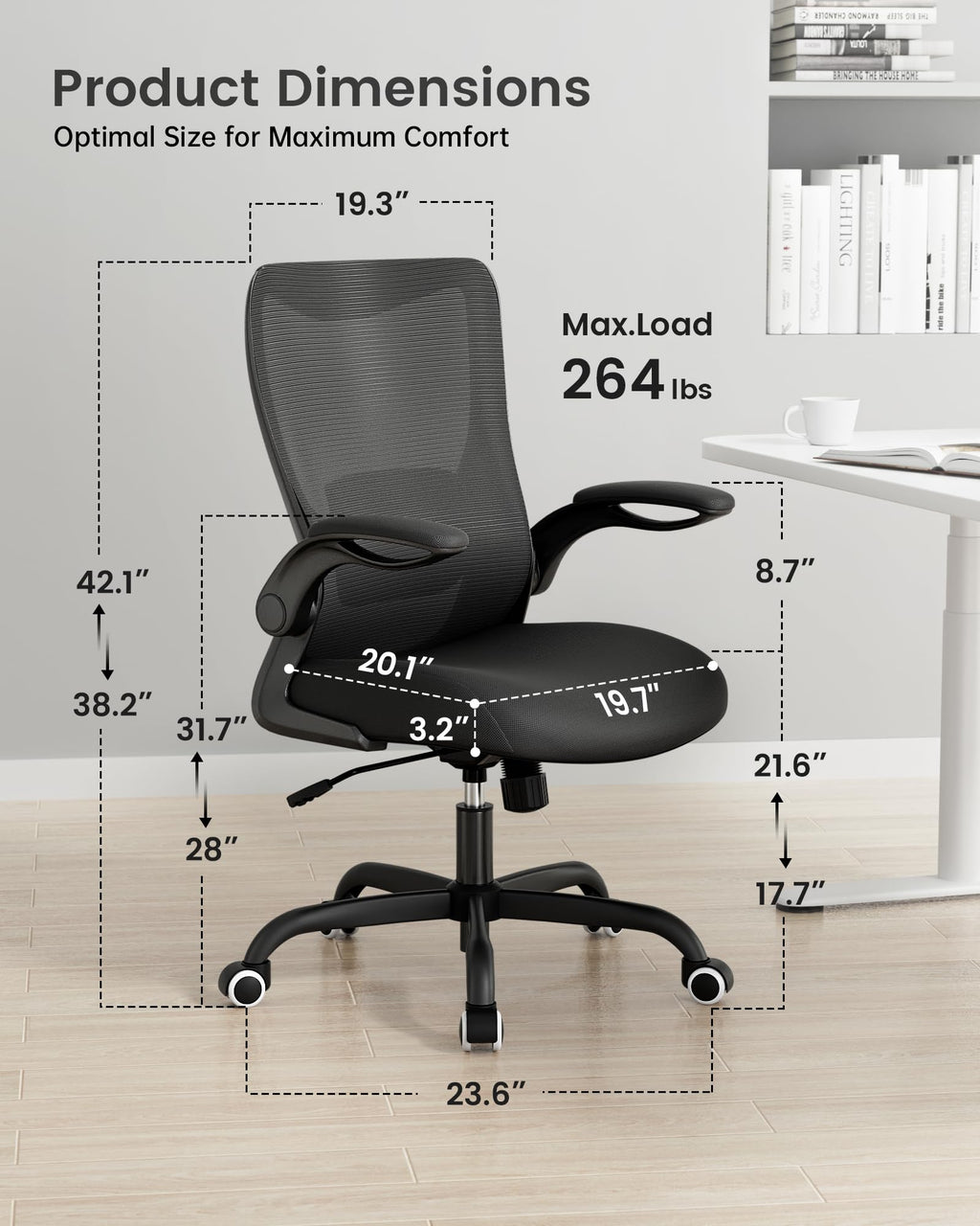MUXX.STIL Office Chair, Ergonomic Desk Chair with Adjustable Lumbar Support and Flip up Armrest, Breathable Mesh Computer Chair for Home Office, Khaki
