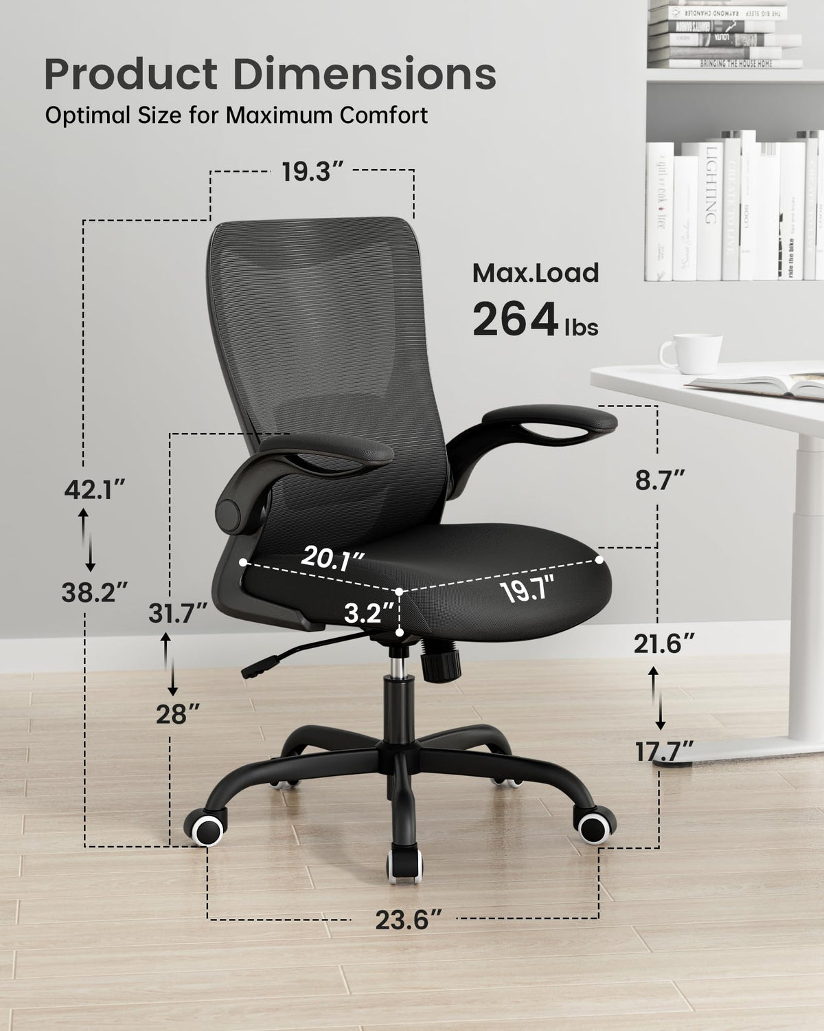 MUXX.STIL Office Chair, Ergonomic Desk Chair with Adjustable Lumbar Support and Flip up Armrest, Breathable Mesh Computer Chair for Home Office, Khaki