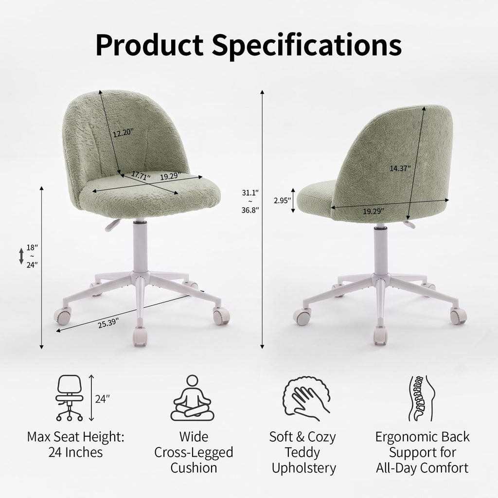 White Vanity Chair with Wheels＆Back, Armless Cute Desk Chair