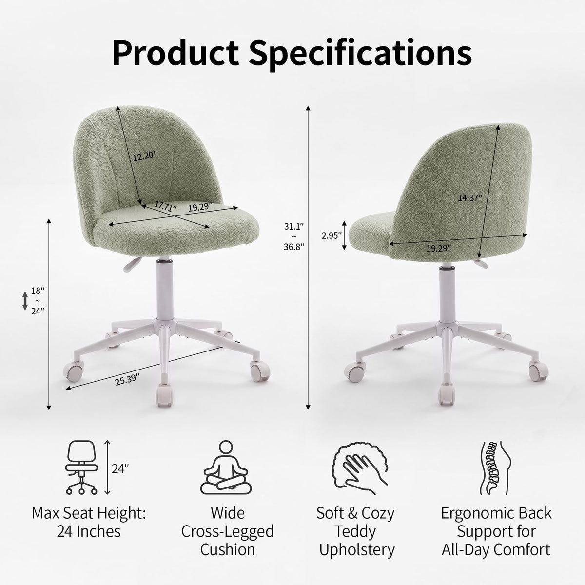 White Vanity Chair with Wheels＆Back, Armless Cute Desk Chair