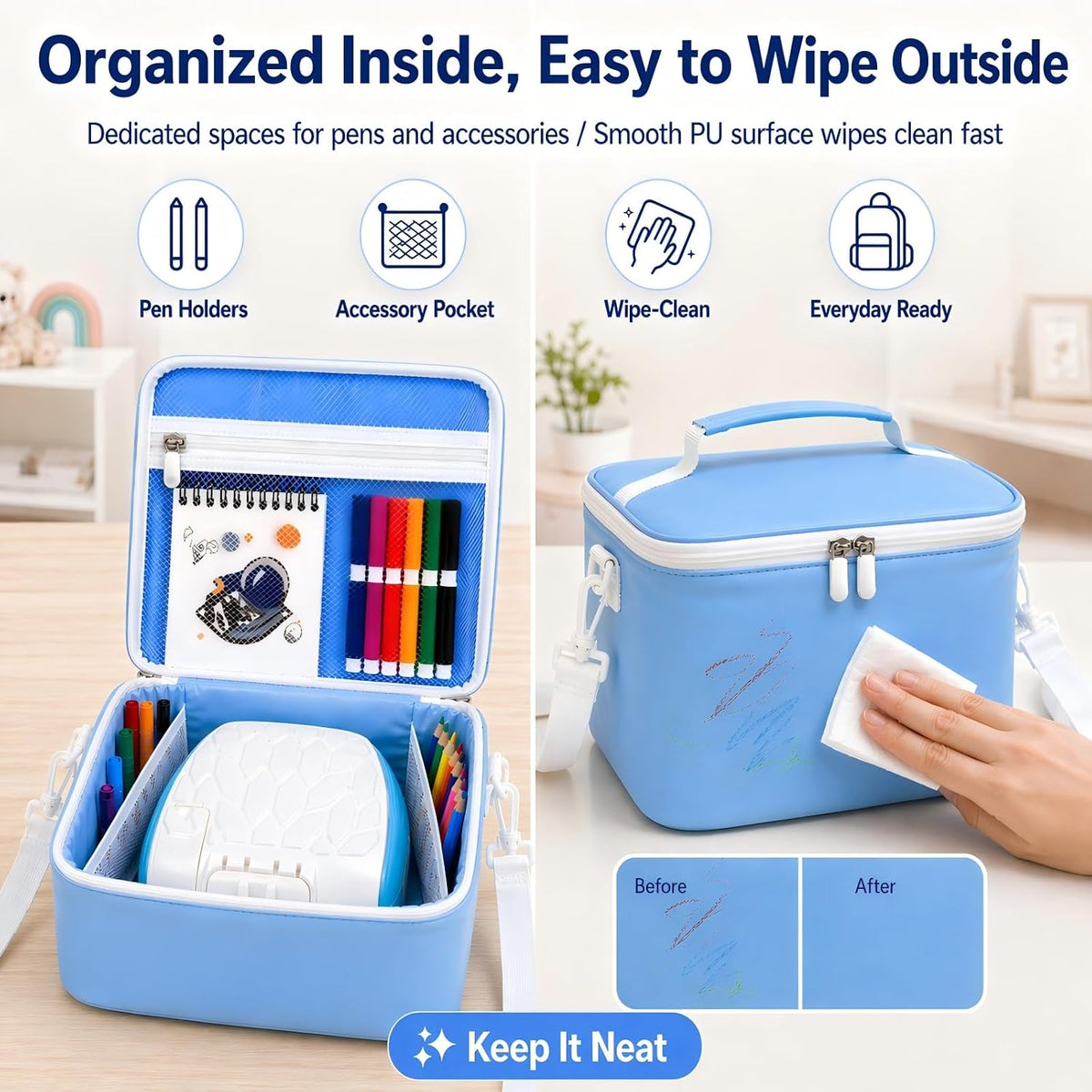 Drawing Projector for Kids Case, Compatible with Flycatcher Smart Sketcher 2.0, High-Density EPE Foam, Microfiber PU with Dry-Coated Finish, Pen & Accessory Pockets (Blue, Case Only)