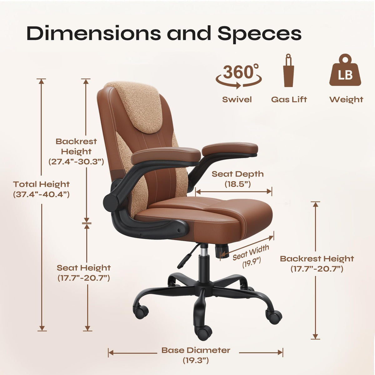 PU Leather Mid-Back Office Chair, Flip-Up Arms, 3.5" Dual-Layer Cushion