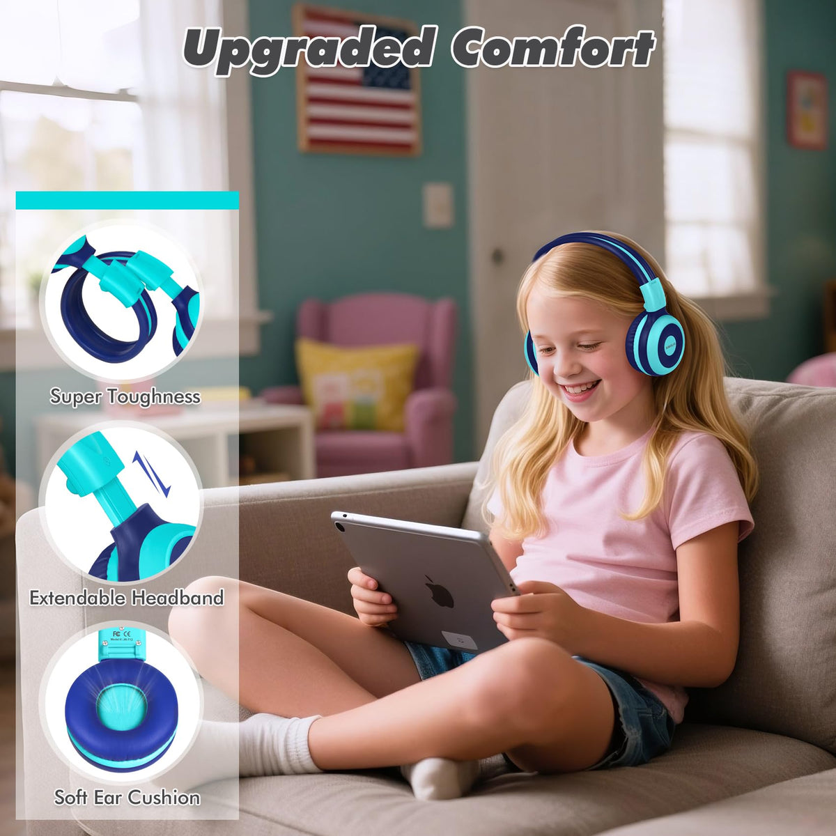 SIMOLIO Kids Wireless Headphones w/Mic for School,75/85/94dB Safe Volume