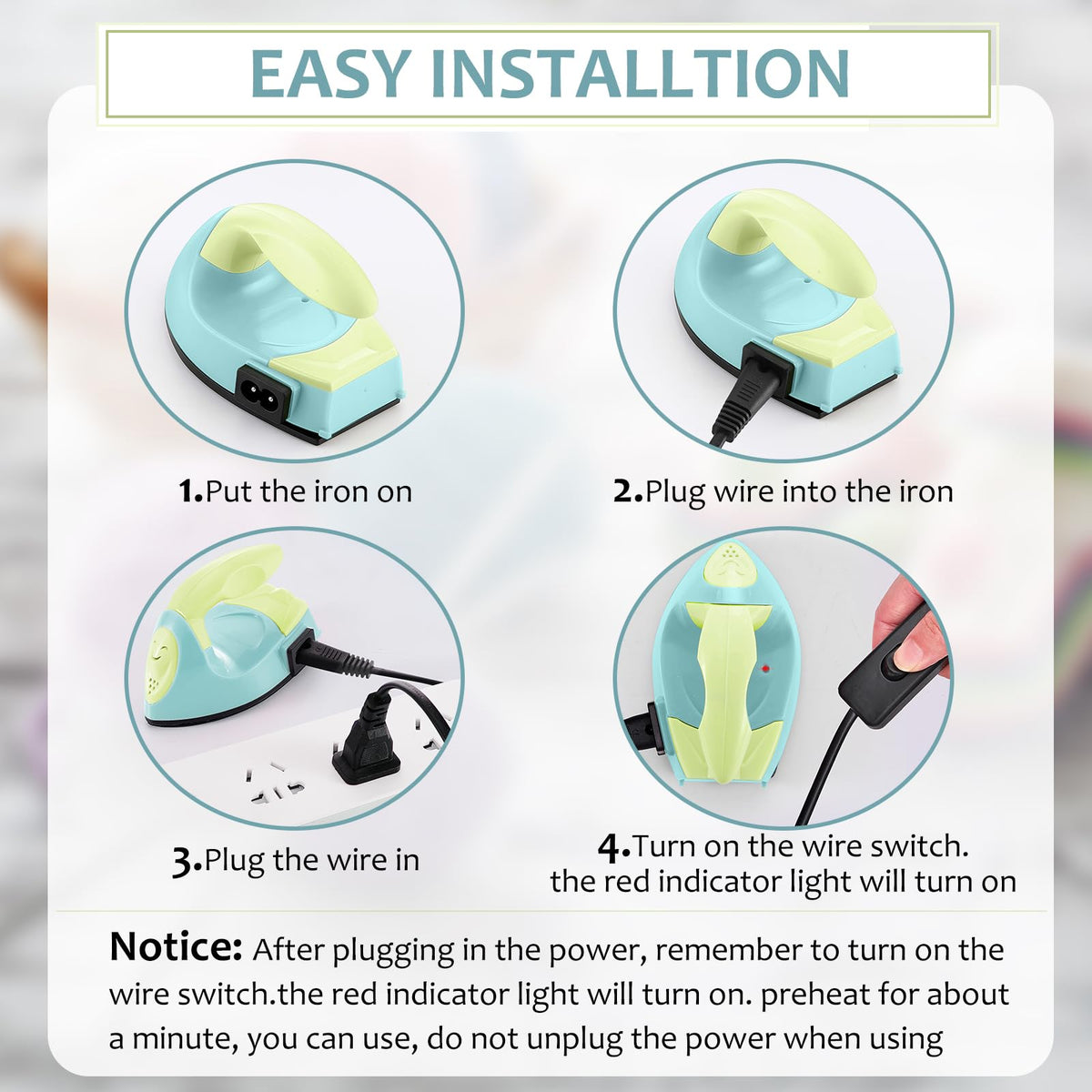 Honoson Mini Iron for Craft Small Iron on Patch Fuse Bead, Mint Green