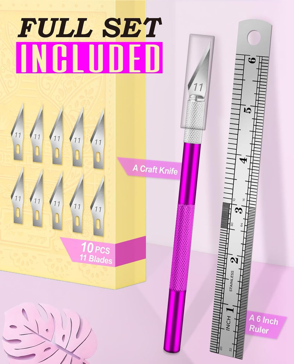 DIYSELF Craft Hobby Knife Set with 10 Extra #11 Blades, 6-Inch Metal Ruler