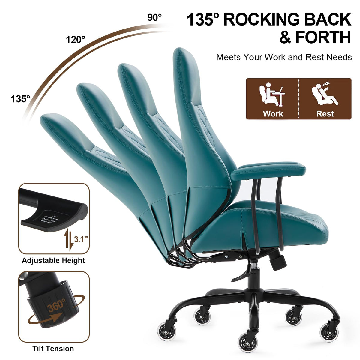 E-Motie Leather Office Chair, Mid Century Modern Desk Chair, Blue