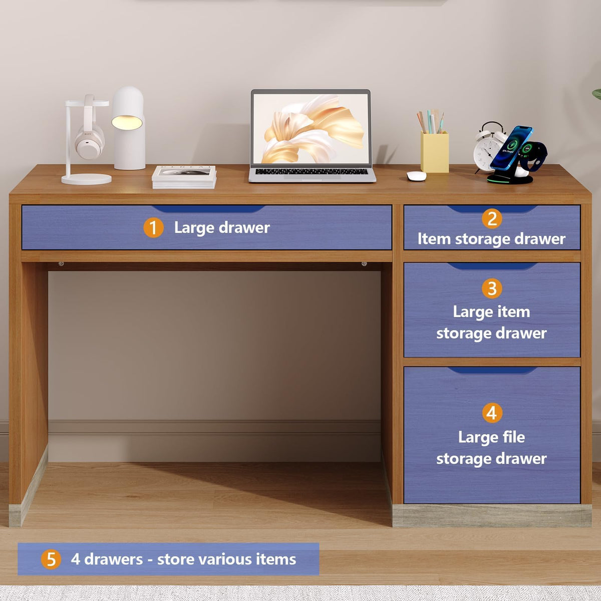 MaverickFurni White Desk with Drawers, 48 Inch Small Computer Desk