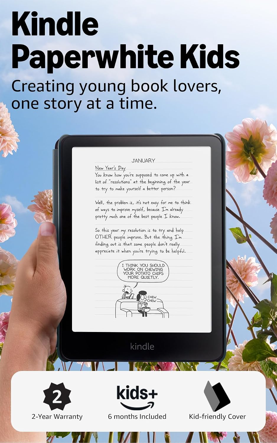 Amazon Kindle Paperwhite Kids 16GB (2024 model) – large 7" glare-free display – Kids read an average of 1+ hour per day with Kindle – Diary of a Wimpy Kid