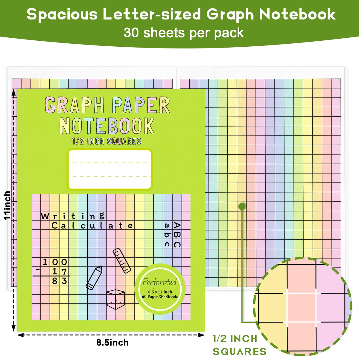 2 Pack 8.5×11 Colored Graph Paper Pad Math Notebook Graph Paper 1/2 Inch Squares Large Quad Ruled Grid Composition Book Colored Grid Notebook Exercise 30 Sheets for Kids Dyslexia Dysgraphia School