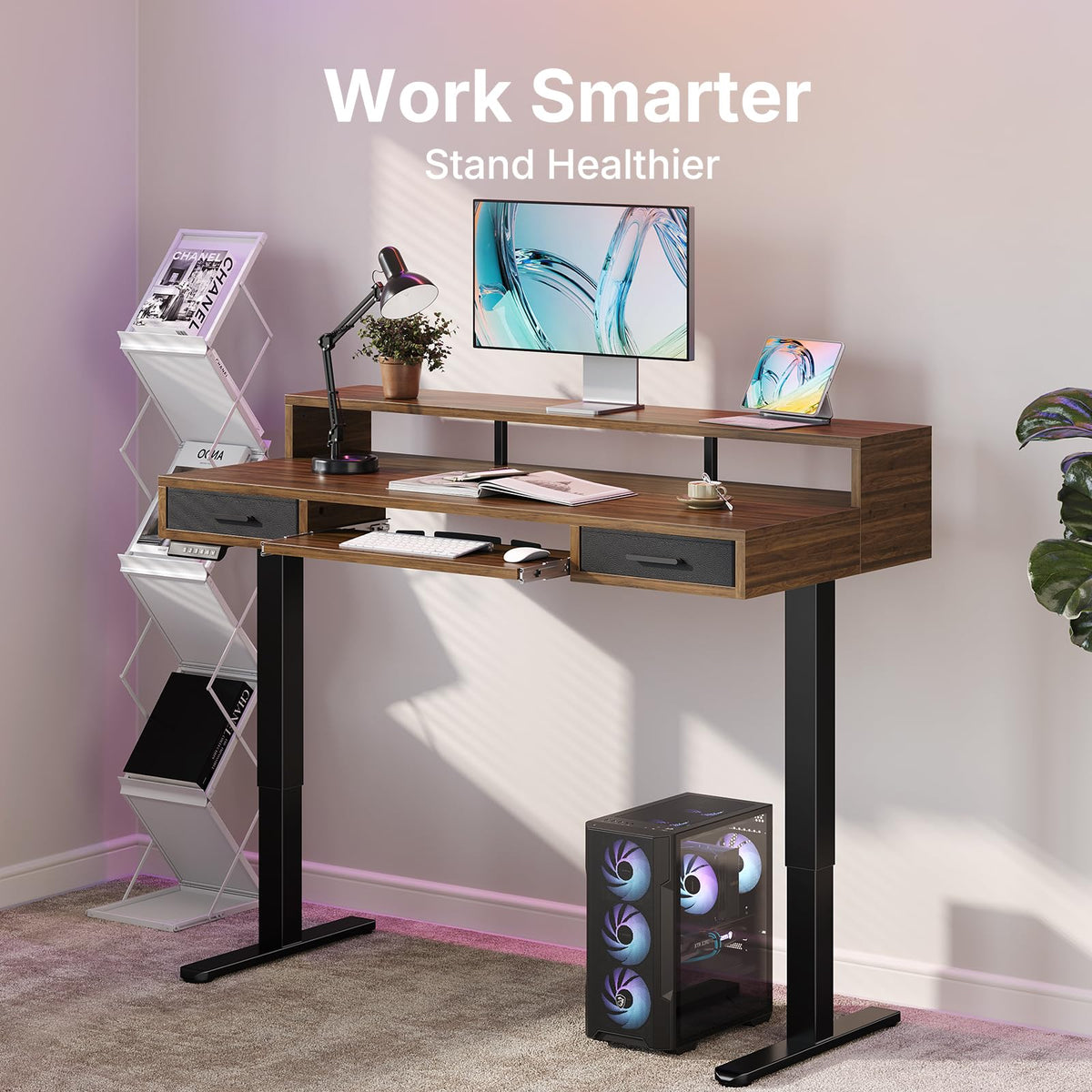 HUANUO 55″ x 26″ Electric Standing Desk with 2 Drawers &24.4″ Large Keyboard Tray, C-Clamp Mount Compatible, Adjustable Computer Desk for Office, Sit Stand Up Desk with 4 Height Presets, Light Walnut