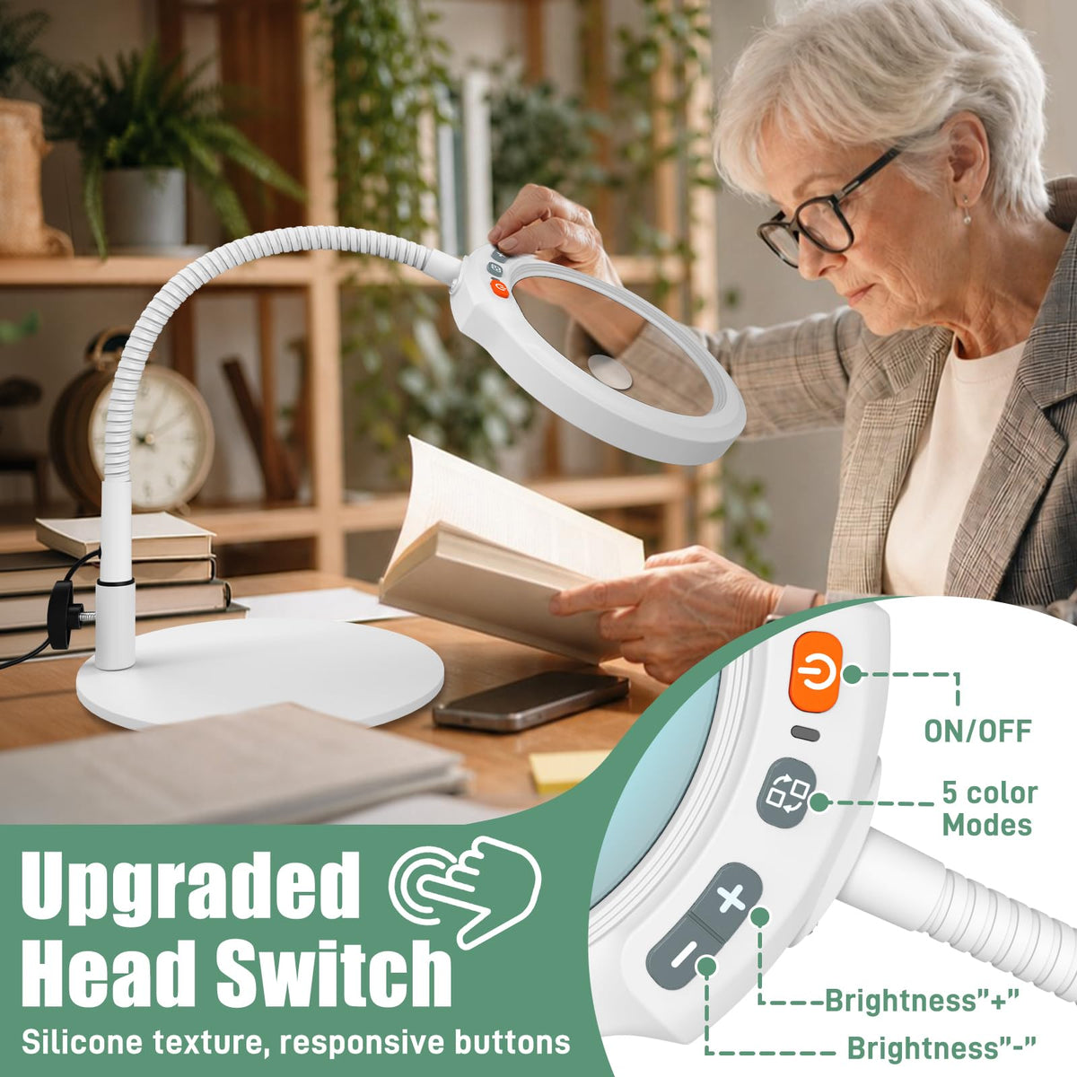 30X 10X Large Magnifying Glass with Light and Stand, 5-Inch Optical Grade HD Lens, 5 Color Modes Stepless Dimmable LED Desk Lamp, Hands Free Gooseneck Lighted Magnifier for Craft Painting Close Work